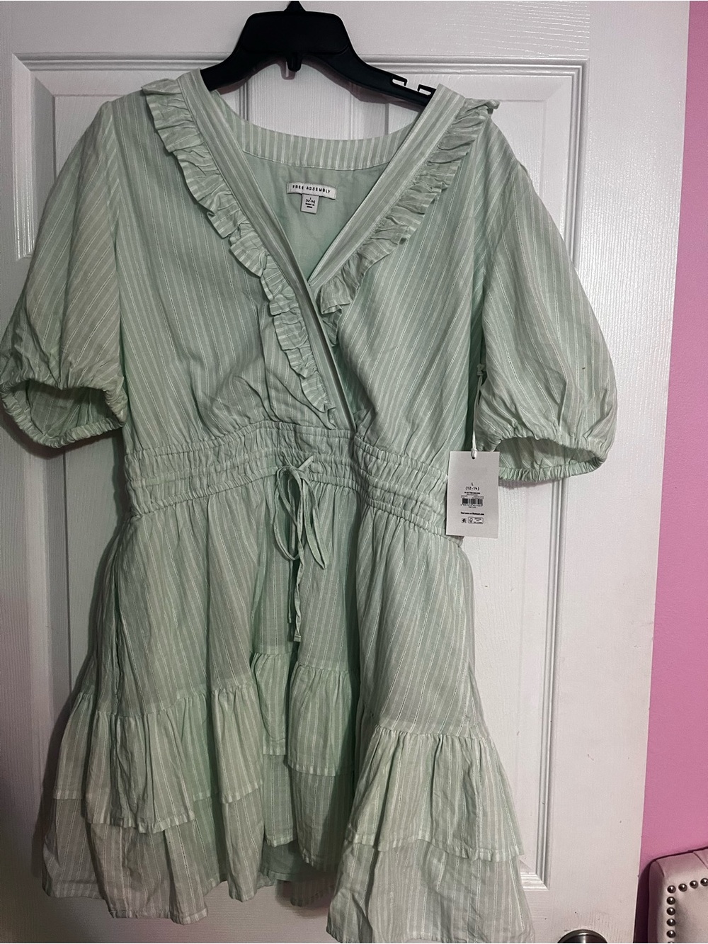 Light Mint Green Striped Ruffle-Trim Midi Dress with Drawstring Waist